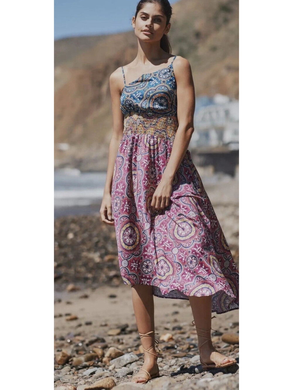 Anthropologie Cutout Smocked Midi Dress XS Mixed Paisley Medallion Blue Pink